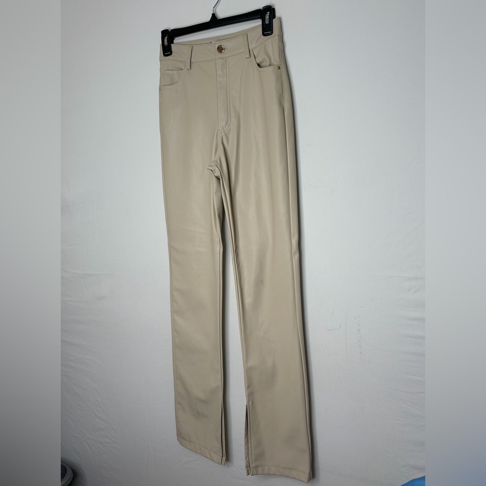 Zara Beige Faux Leather Pants Slit Hem Vegan Leather women’s Size 2 NWT(A283)✨